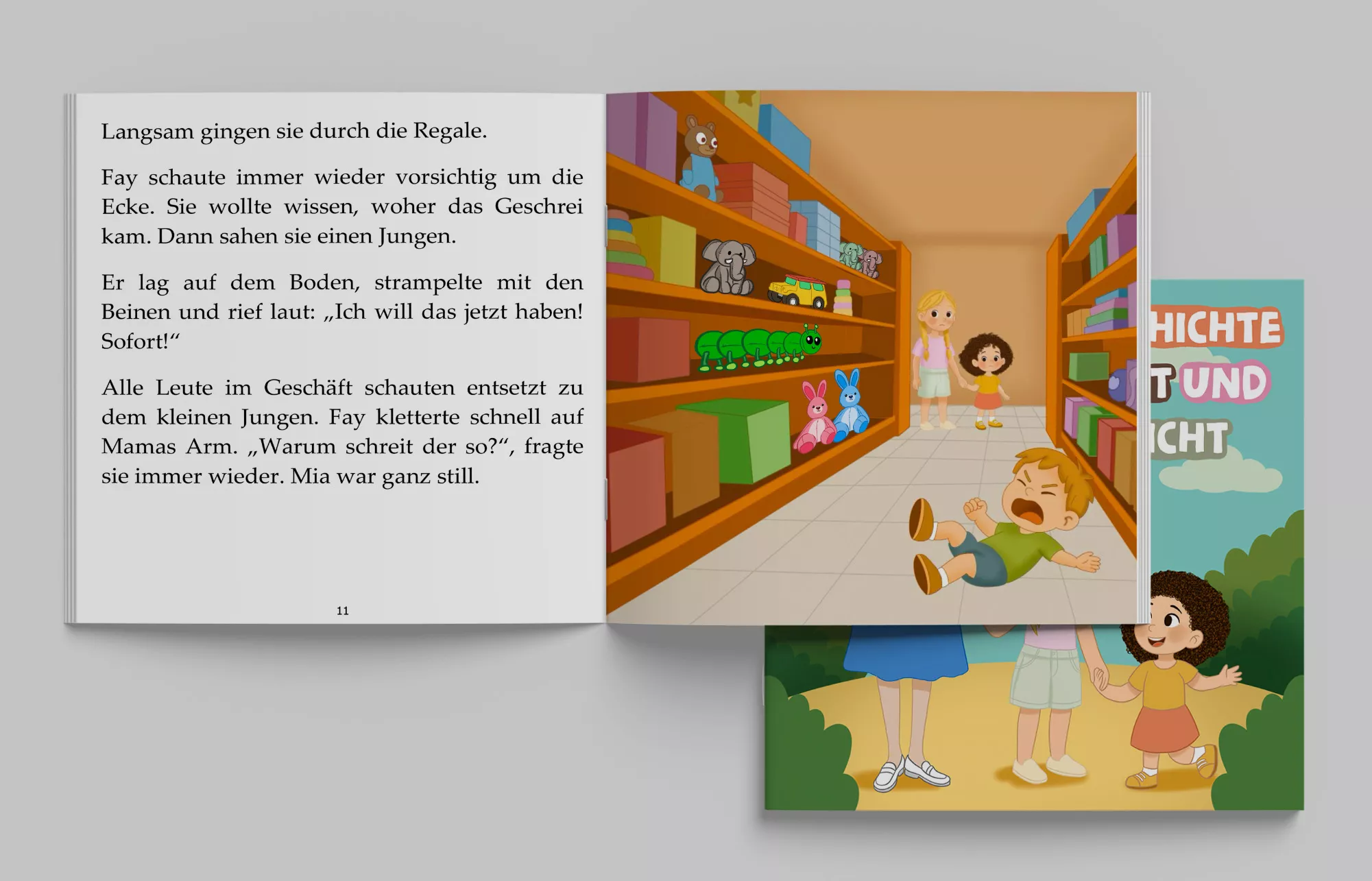 Aufgeschlagene Innenseiten (Seite 11) des Kinderbuchs „Eine Geschichte über Mut und Rücksicht“ mit Text und Illustration einer Szene im Spielzeugladen