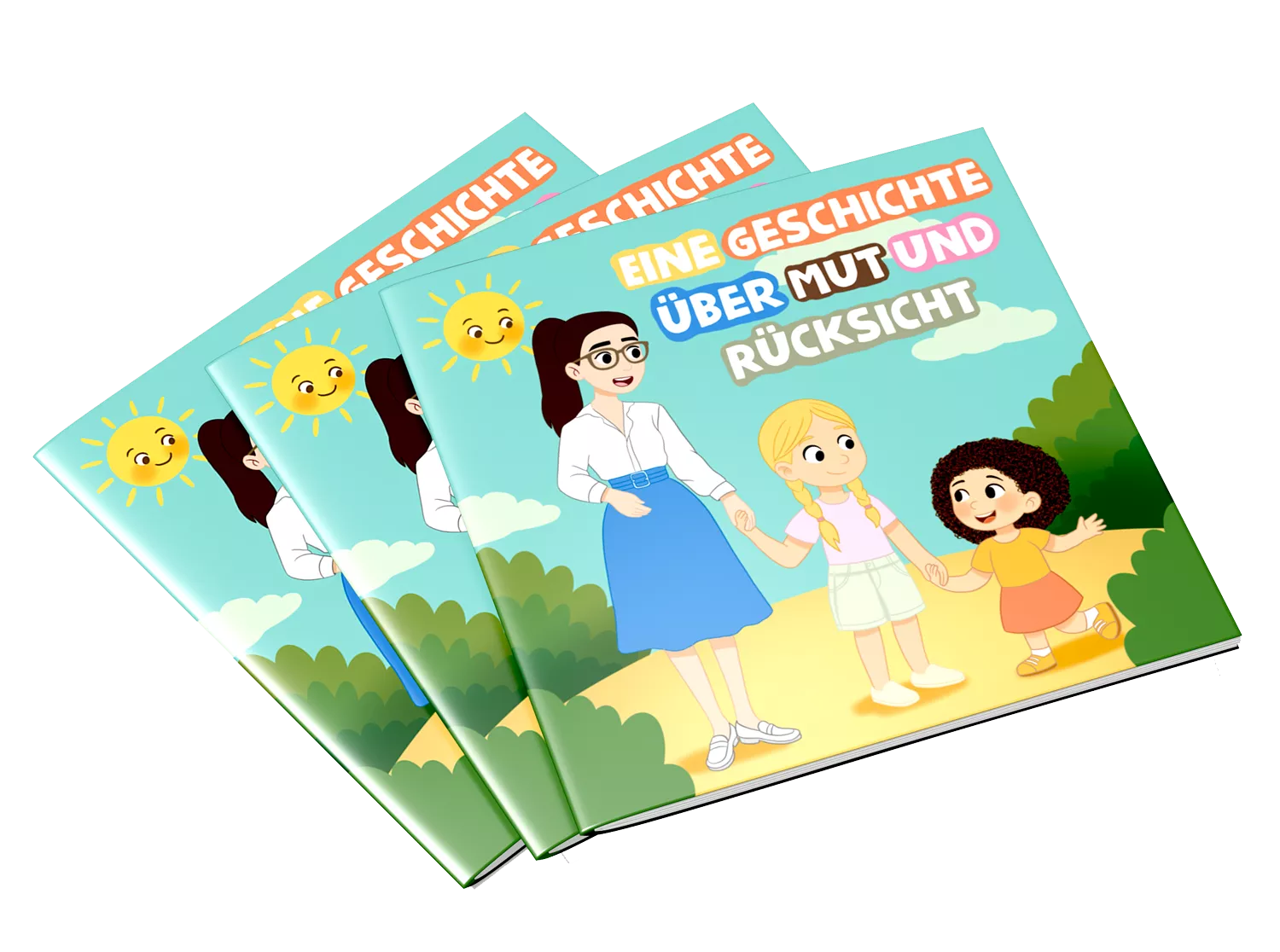 Paperback-Mockup: Drei gestapelte Exemplare des Kinderbuchs „Eine Geschichte über Mut und Rücksicht“ – Mia und Fay im Spielzeugladen