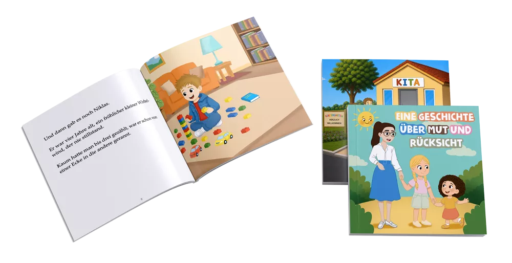 Vorschau des aufgeschlagenen Kinderbuchs mit handgezeichneten Illustrationen sowie das Buchcover „Eine Geschichte über Mut und Rücksicht“