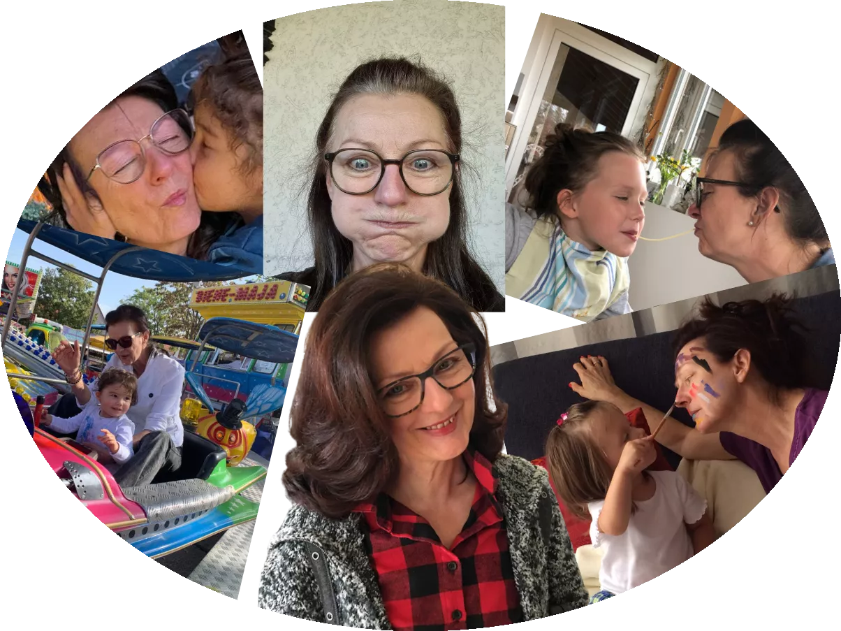 Collage: Michaela Parupka-Hoffner mit ihren Enkelkindern beim Spielen und Lachen
